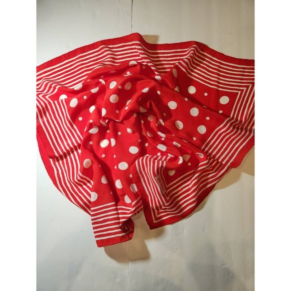 Vintage Bill Blass Red with White Polka Dots and Lines Silk Scarf Hand Turned He - Picture 2 of 6